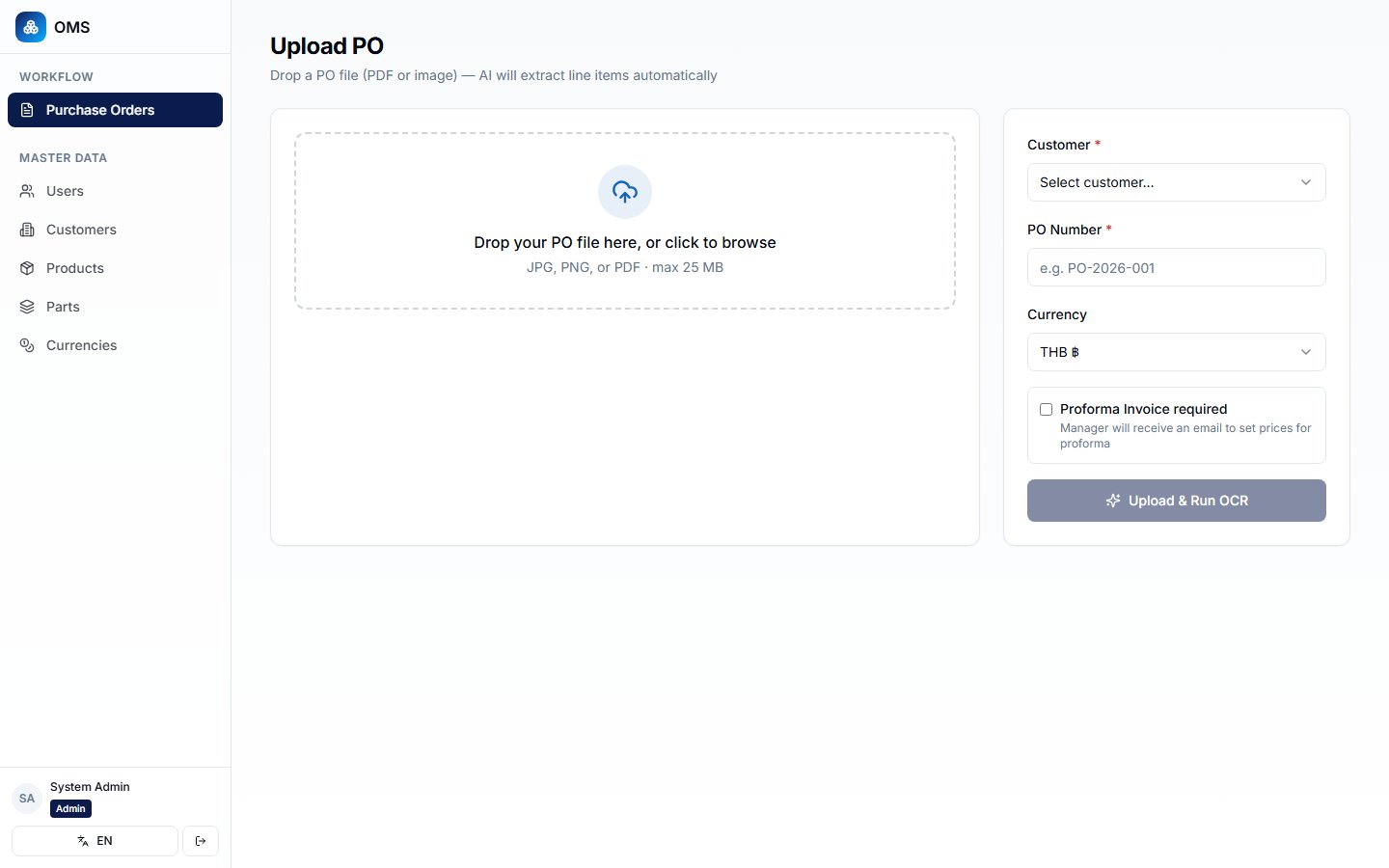 PO Upload + AI OCR — drag PDF/JPG → Qwen2.5-VL อ่านอัตโนมัติ