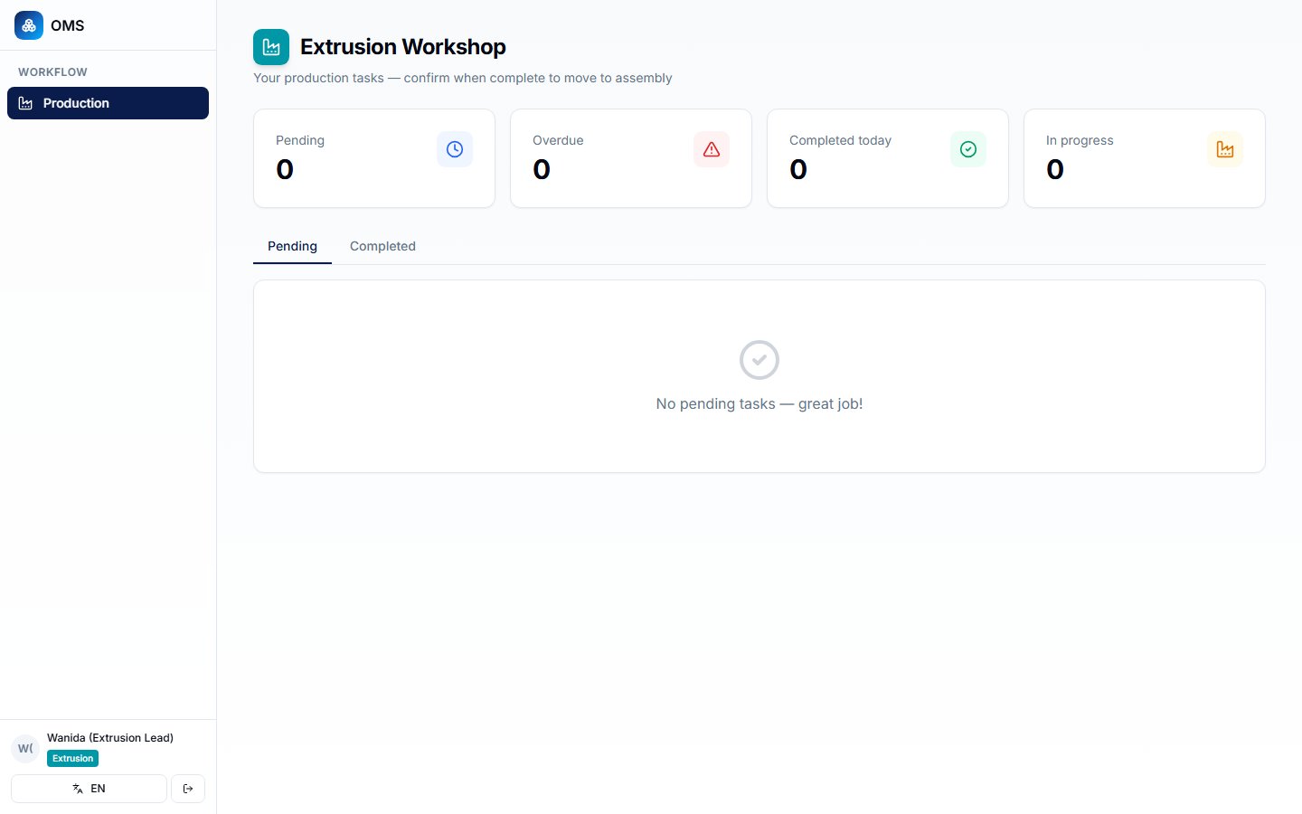 Extrusion Workshop — KPI Cards + Confirm/Un-confirm